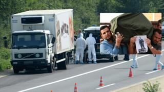 The lorry on the A4 and inset of one of the victims arriving home in Erbil, Iraq, for burial