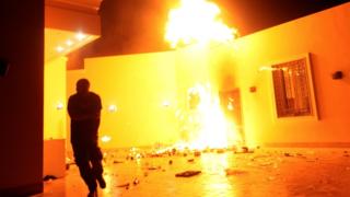 The US building in Benghazi is seen in flames September 11, 2012.