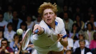 Boris Becker playing at Wimbledon in 1985