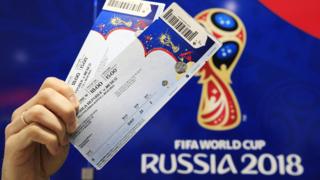 Tickets printed on a terminal at a ticket centre for the Russia 2018 FIFA World Cup, 18 April 2018