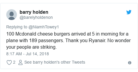 Twitter post by @barelyholdenon: 100 Mcdonald cheese burgers arrived at 5 in morning for a plane with 189 passengers. Thank you Ryanair. No wonder your people are striking.