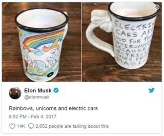 A tweet by Elon Musk showing a mug with an image of a unicorn farting electricity into a car