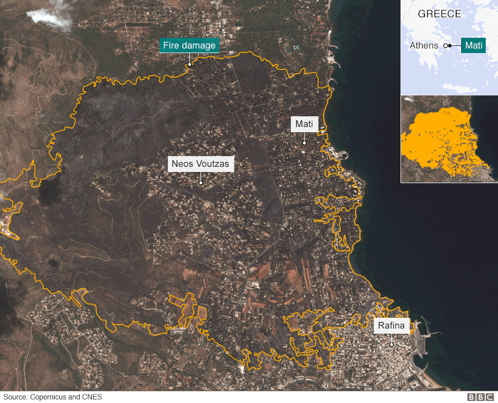Satellite map of Mati area shows extent of fire damage