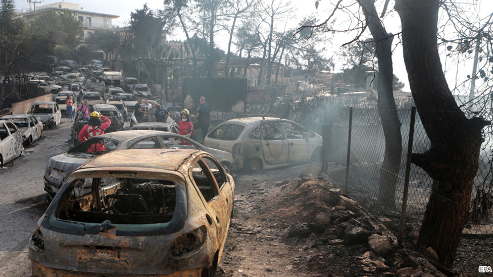 Cars destroyed by fires in Mati, Greece