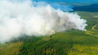 Aerial image shows the Forest fires burning near Ljusdal, Sweden on July 18, 2018.
