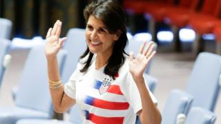 Nikki Haley wearing a soccer jersey to commemorate World Cup inauguration at UN