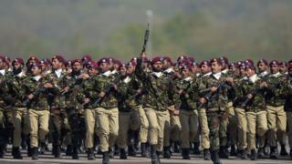 Pakistani troops from the Special Services Group (SSG) march during the Pakistan Day military parade in Islamabad on March 23, 2018.