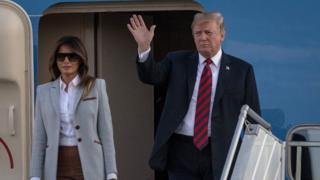 US President Donald Trump and first lady, Melania Trump arrive aboard Air Force One at Helsinki International Airport on July 15, 2018 in Helsinki, Finland
