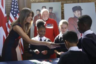 First Lady Melania Trump meets school children at the Royal Hospital in Chelsea, London