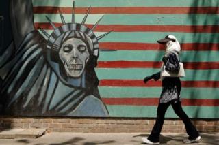 A mural painted on the outer wall of the former US embassy in Tehran, Iran