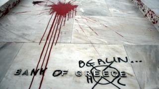 The Headquarters of the Bank of Greece are vandalised following violent protests which took place against the Government's austerity plans, February 13, 2012 in Athens, Greece.