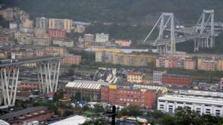 The collapsed section of bridge is seen in the Italian port city of Genoa