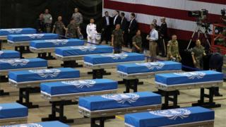 A ceremony to repatriate 55 sets of remains of American troops killed during the 1950-53 Korean War are under way at Osan Air Base in Pyeongtaek, 70 kilometres south of Seoul, South Korea,