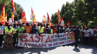 Migrant workers protesting against their working conditions in Foggia, August 2018