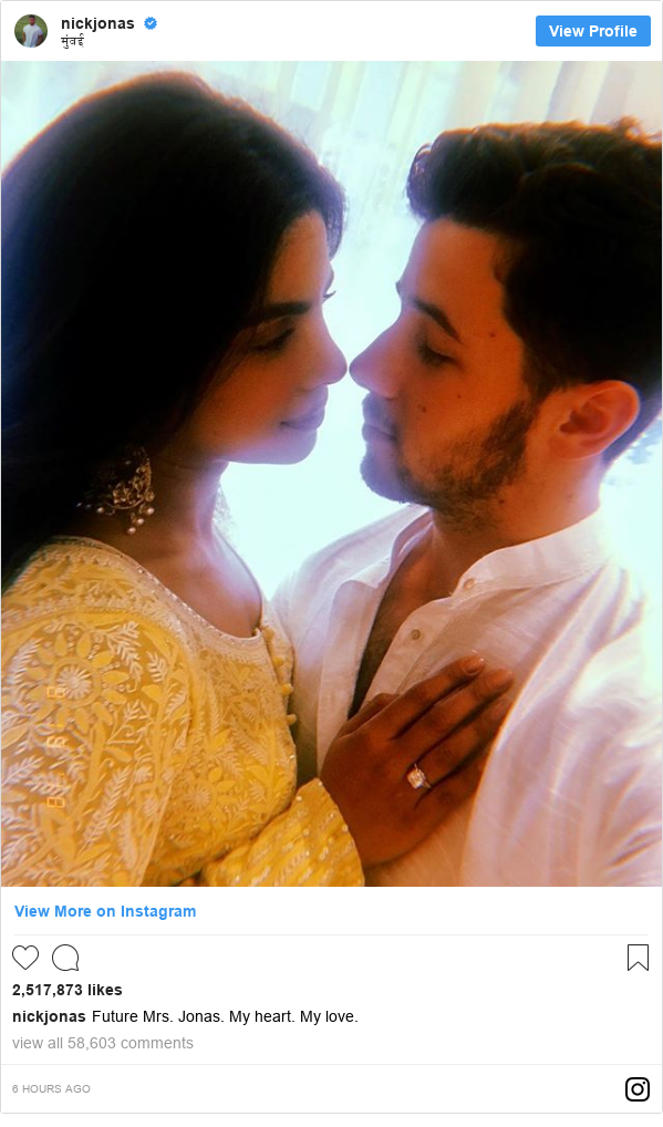 Instagram post by nickjonas: Future Mrs. Jonas. My heart. My love.