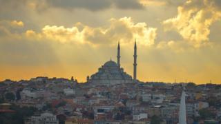 A general view of Fatih Mosque and the area around at sunset. On Tuesday, 17 October 2017, in Istanbul, Turkey