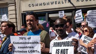 Gay rights protesters outside Commonwealth House on 19 April 2018.