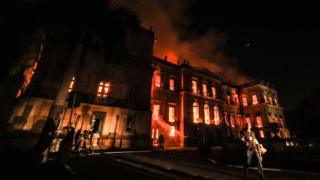 A fire burns at the National Museum of Brazil on 2 September 2018 in Rio de Janeiro, Brazil