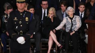 Roberta McCain (R), the mother of the late US Senator John McCain, and granddaughter Meghan McCain (C) at the US Capitol on 31 August 2018