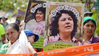 Berta Cáceres posters are carried during a International Women's day demonstration in Tegucigalpa on March 08, 2016