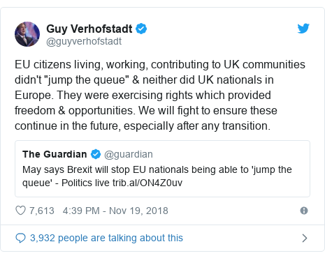 Twitter post by @guyverhofstadt: EU citizens living, working, contributing to UK communities didn't 