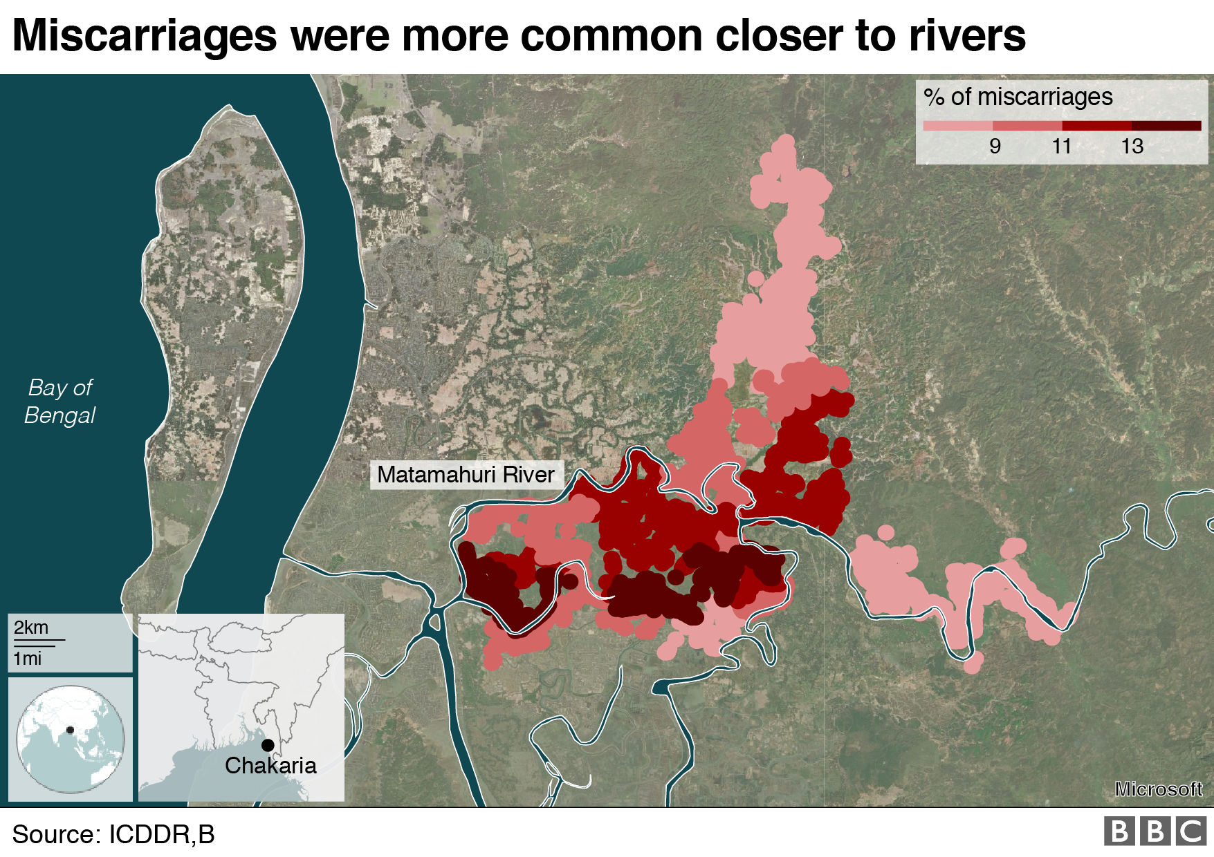 BBC Graphic of miscarriages that take place closer to rivers