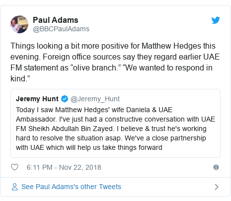 Twitter post by @BBCPaulAdams: Things looking a bit more positive for Matthew Hedges this evening. Foreign office sources say they regard earlier UAE FM statement as “olive branch.” “We wanted to respond in kind.” 