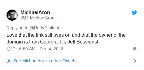 Twitter post by @MrMichaelAron: Love that the link still lives on and that the owner of the domain is from Georgia. It ’s Jeff Sessions!