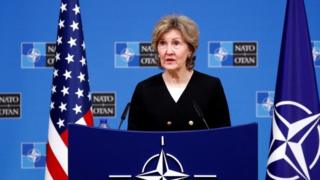 US ambassador to Nato Kay Bailey Hutchison briefs the media ahead of a Nato defence ministers in Brussels. Photo: 2 October 2018