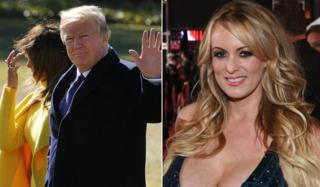 Collage photograph of Mr Trump and his wife, Melania and adult film star Stormy Daniels