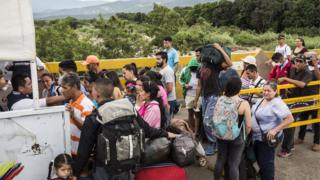Migrants cross the border in Cucuta, Colombia